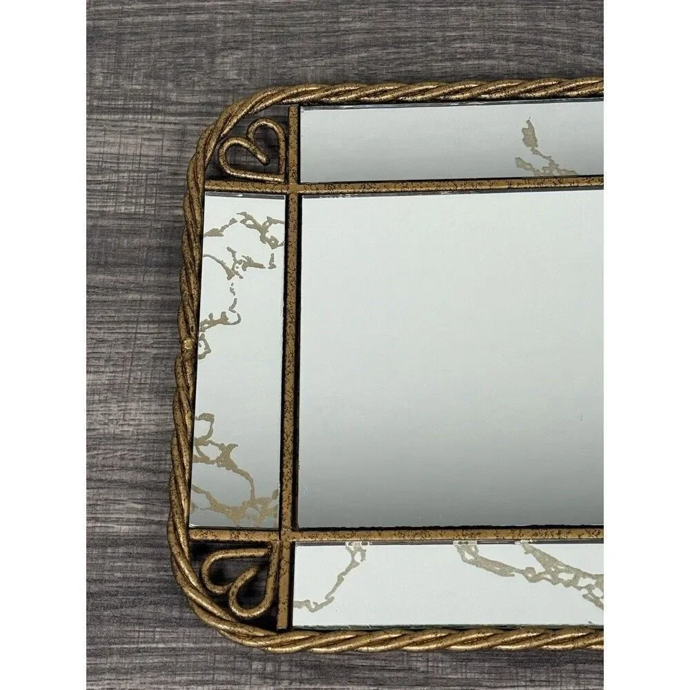 Vtg Vanity Mirror Tray Antique Brass Rope Edge w/Heart Shapes 15 1/8'' x 8 1/8''